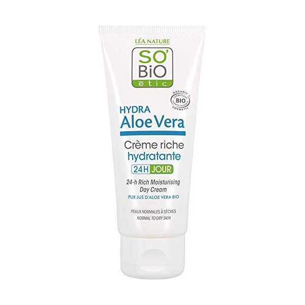 Sobio étic crème riche hydratante 24 h jour au pur jus daloe vera bio tube de 50 ml