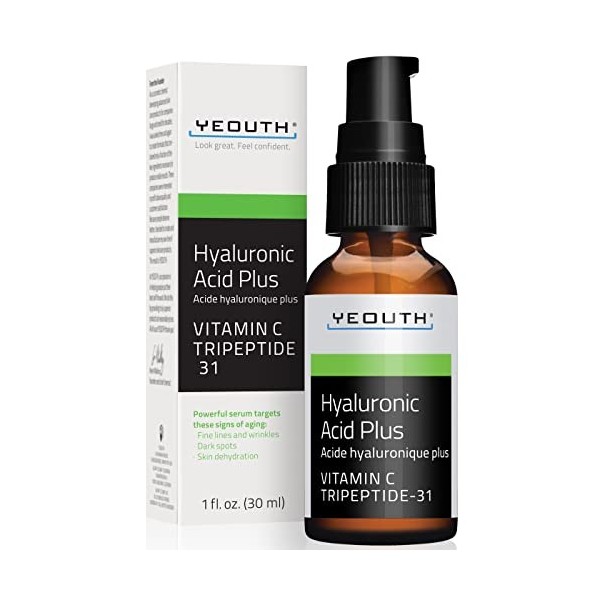 YEOUTH Acide Hyaluronique Plus Avec Vitamine C et Tripeptides, Bio Sérum Pour le Visage, Fabriqué aux États-Unis, Ciblant les