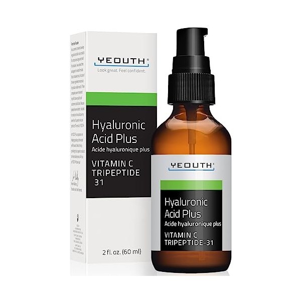 YEOUTH Acide Hyaluronique Plus Avec Vitamine C et Tripeptides, Bio Sérum Pour le Visage, Fabriqué aux États-Unis, Ciblant les