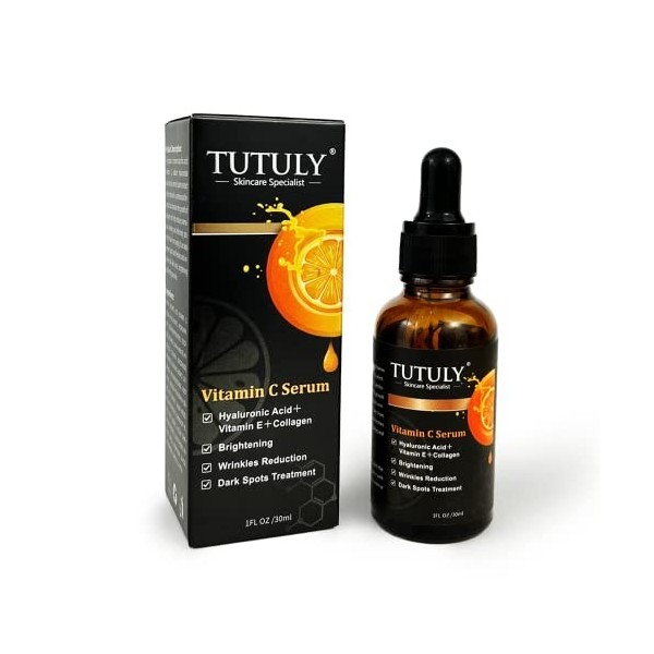 TUTULY Sérum à la vitamine C avec acide hyaluronique, vitamine E et alpha-arbutine - Éclaircit, hydrate et atténue les taches