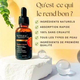 TUTULY Sérum à la vitamine C avec acide hyaluronique, vitamine E et alpha-arbutine - Éclaircit, hydrate et atténue les taches