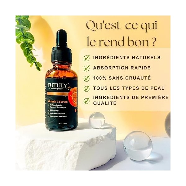 TUTULY Sérum à la vitamine C avec acide hyaluronique, vitamine E et alpha-arbutine - Éclaircit, hydrate et atténue les taches