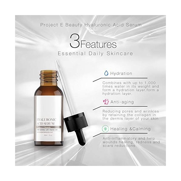 Project E Beauty Sérum dacide hyaluronique avec vitamine E et vitamine E repulpant, anti-âge, hydratant, hydratant pour la p