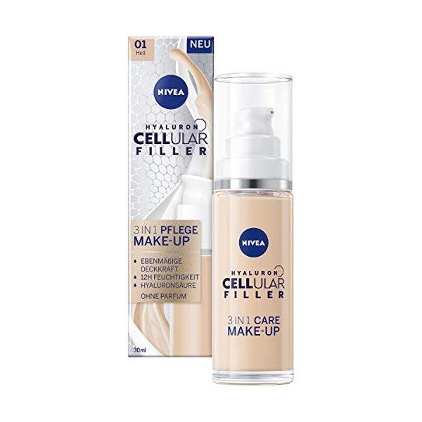 NIVEA Hyaluron Cellular Filler 3 en 1 Soin Maquillage Lumineux 30 ml Fond de teint hydratant avec Hyaluron, Maquillage du v