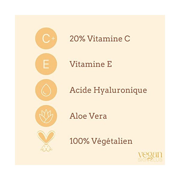 Vegan Skin Club Serum 20% Vitamine C | Soin Visage Anti-Age Vitamine E Acide Hyaluronique et Aloe Vera | Soin Peau Anti Rides