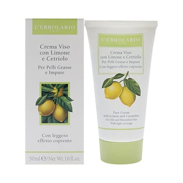 LErbolario, Crème de Jour Effet Couvrant, Base de Maquillage pour Peaux Impures au Citron et au Concombre, 50 ml