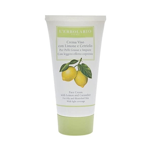 LErbolario, Crème de Jour Effet Couvrant, Base de Maquillage pour Peaux Impures au Citron et au Concombre, 50 ml