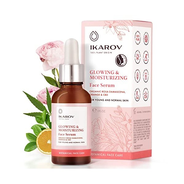 Ikarov Sérum Visage Éclatant & Hydratant, 30ml, Certifié Naturel avec Rosa Damascena Bulgare - Sérum Anti-âge à lHuile de Ro