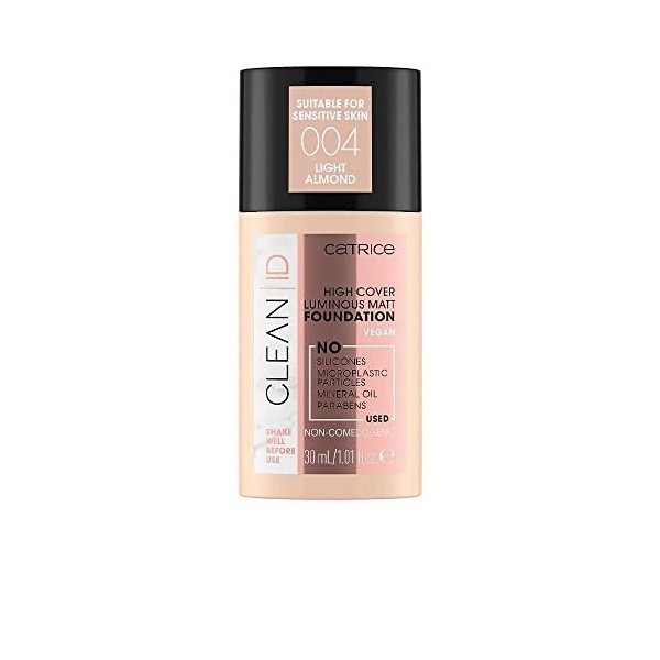 Catrice Clean ID High Cover Luminous Matt Foundation Make Up 004 Light Amande Nude pour Peaux Sensibles, Apaise les Pores, P