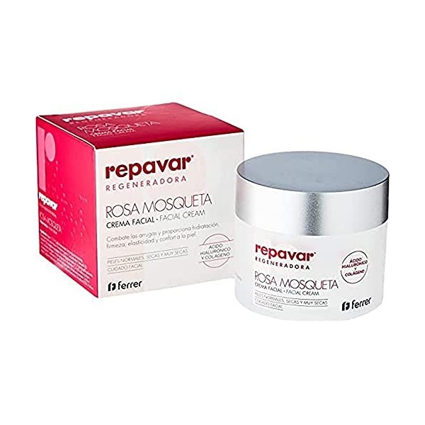 Repavar - Crème Hydratante pour le Visage - Rose Musquée, Acide Hyaluronique et Collagène - Enrichie en Vitamine E et Beurre 