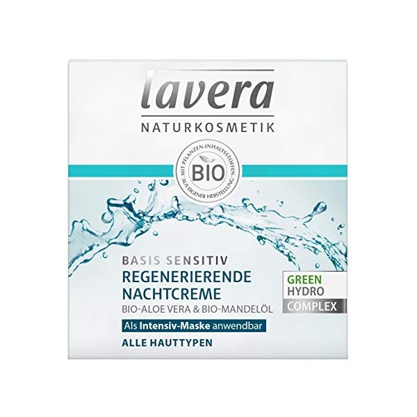 lavera Basis Sensitiv Crème de nuit régénérante bio Aloe Vera & Huile damande - Tous types de peau - Vegan Bio - Cosmétique 