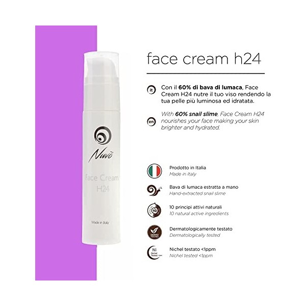 Nuvo Creme Visage H24 avec 60% BAVE D ESCARGOT, Acide Hyaluronique, Collagene, Marin Aloe, Vitamine C - E, Cellules de Kiwi,