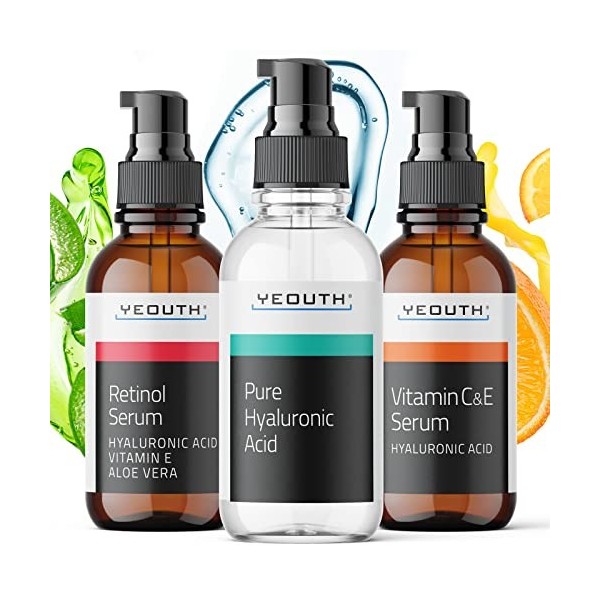 YEOUTH Skincare Serum Visage Set:Sérum de Vitamine C pour le visage, Sérum au Rétinol, Sérum dAcide Hyaluronique, Sérum Pour