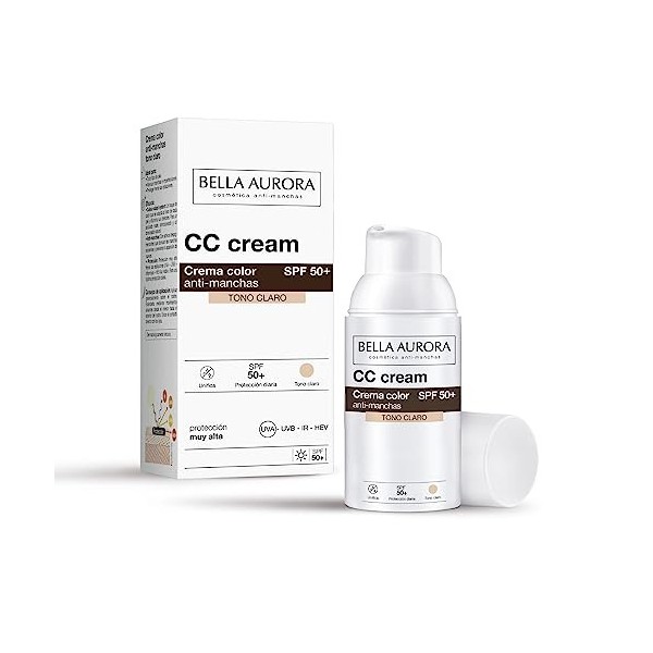 Bella Aurora, CC Crème Anti-Taches SPF 50+, Crème Solaire Anti-Taches Teintée, Crème Visage Teintée SPF 50+, 30 ml Ton Moyen