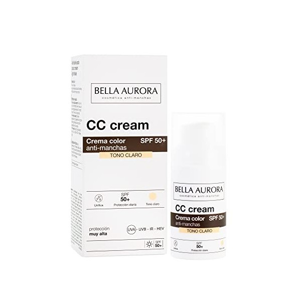 Bella Aurora, CC Crème Anti-Taches SPF 50+, Crème Solaire Anti-Taches Teintée, Crème Visage Teintée SPF 50+, 30 ml Ton Moyen