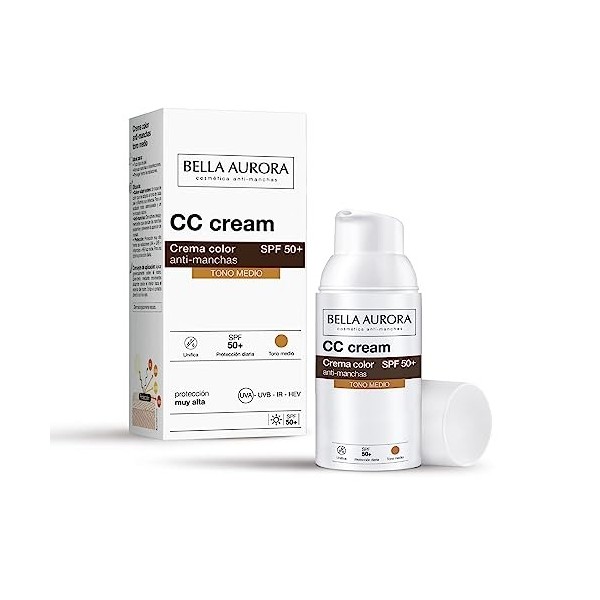 Bella Aurora, CC Crème Anti-Taches SPF 50+, Crème Solaire Anti-Taches Teintée, Crème Visage Teintée SPF 50+, 30 ml Ton Moyen