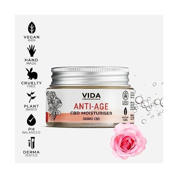 PURAVIDA ORGANIC Hydratant anti-âge à haute teneur en CBD - 30 ml 1000 mg de CBD | Certificat Cosmos Natural | Sans THC | V