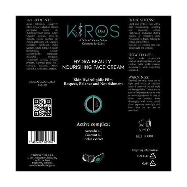 Kiros Diet, Hydra Beauty Crème Visage et Contour des Yeux Naturel, Action Hydratante, à base dHuiles damandes Douces, Coco 