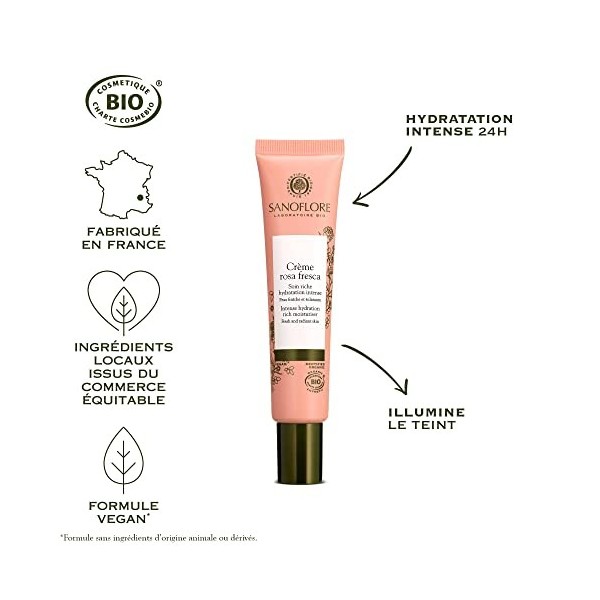 Sanoflore Rosa Fresca Soin Riche Crème Hydratante Visage Certifiée, Acide Hyaluronique et Rose de Damas, Bio, 40ml