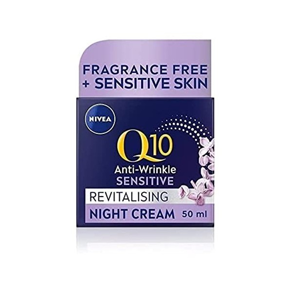 NIVEA Q10 Crème de nuit revitalisante anti-rides pour peaux sensibles 50 ml , crème visage anti-rides avec Q10 identique à l