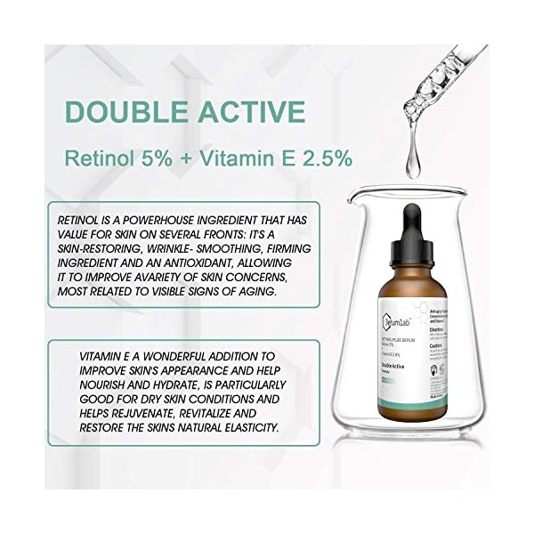 Retinol Sérum pour le visage et la peau, double principe actif unique composé de 5% de rétinol et de 2,5% de vitamine E, effe