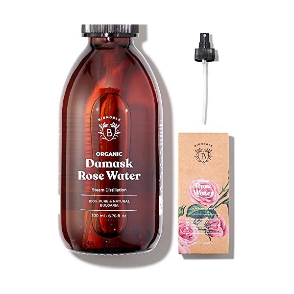 Bionoble Eau de Rose Bio 200ml - Hydrolat de Rose de Damas 100% Pur et Naturel - Rose Water - Bouteille en Verre + Spray & Hu