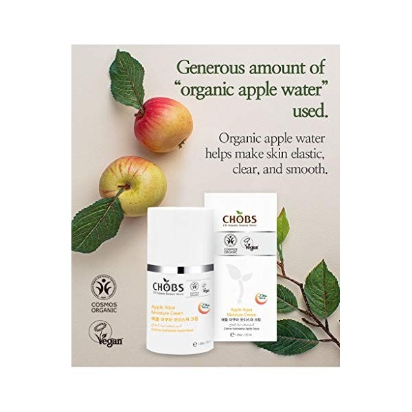 CHOBS Crème pour le visage Apple Aqua Moisture avec eau de pomme biologique - Convient aux peaux sensibles, sèches et mixtes,