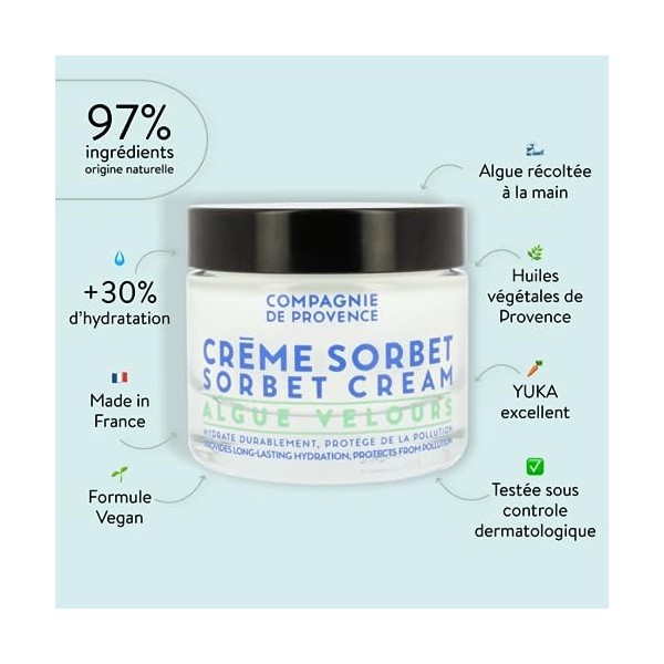 La Compagnie de Provence - Crème Sorbet Visage Algue Velours 50ml - Texture Gel-Crème Fondante - Hydrate, Rafraîchit et Protè