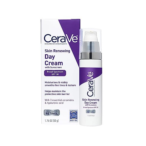 CeraVe Skin Renewing Retinol Day Cream SPF 30 1.76 oz with Hyaluronic Acid and Ceramides for Smoothing Fine Lines and Texture