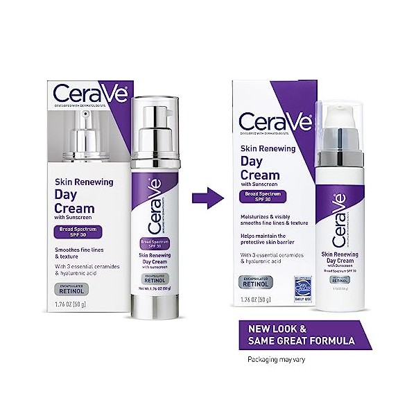 CeraVe Skin Renewing Retinol Day Cream SPF 30 1.76 oz with Hyaluronic Acid and Ceramides for Smoothing Fine Lines and Texture