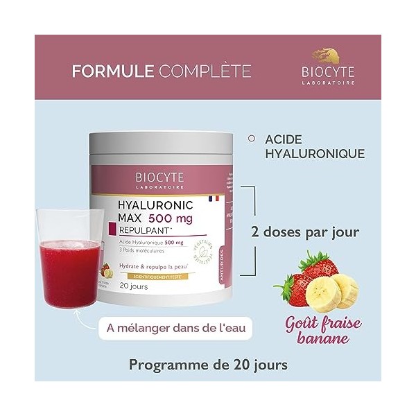 Hyaluronic Max - Complément Alimentaire Anti-Âge Repulpant - Poudre à Diluer A base dAcide Hyaluronique - 500 mg - Programme