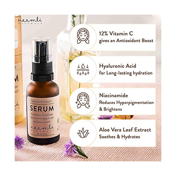 Neemli Naturals Hyaluronic & Vitamin C Serum, Light and Non-Greasy Age-Defying Serum, Brighten Skin Tone, Water Gel Daily Fac