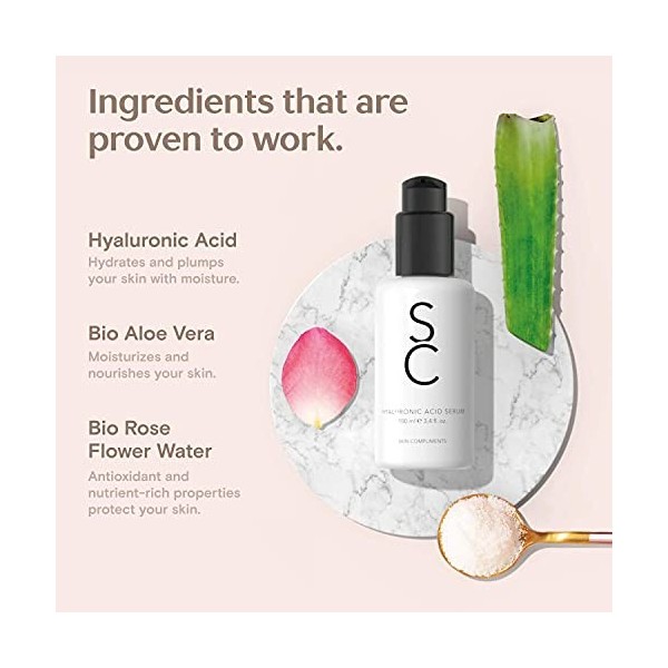 SKIN COMPLIMENTS – Sérum à lacide hyaluronique – Hautement concentré et vegan – Gel hydratant anti-âge à lAloe Vera – Flaco