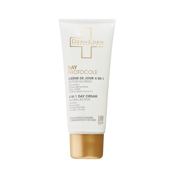 DermEden - Crème de jour 50 ml peaux mixtes à grasses SPF 50-4 actions en 1 - Protection intégrale contre les méfaits de la l