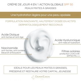 DermEden - Crème de jour 50 ml peaux mixtes à grasses SPF 50-4 actions en 1 - Protection intégrale contre les méfaits de la l