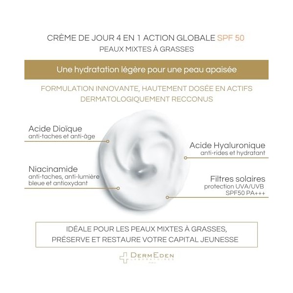 DermEden - Crème de jour 50 ml peaux mixtes à grasses SPF 50-4 actions en 1 - Protection intégrale contre les méfaits de la l