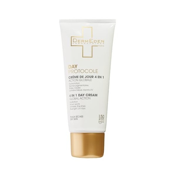 DermEden - Crème de jour 50 ml peaux sèches SPF 50-4 actions en 1 - Protection intégrale contre les méfaits de la lumière - A