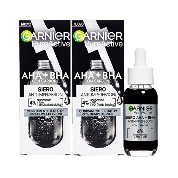 Garnier PureActive Sérum Visage Anti-Imperfections au Charbon Niacinamide AHA BHA Traitement Boutons Points Noirs Rougeurs Fo