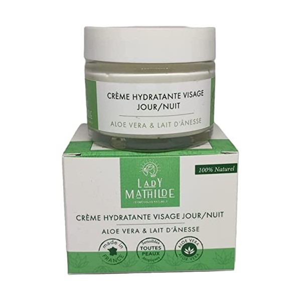 Lady Mathilde - Crème Hydratante Visage - Jour/Nuit - Aloe Vera & Lait dÂnesse - 100% Naturel - Toutes Peaux, Même Sensibles