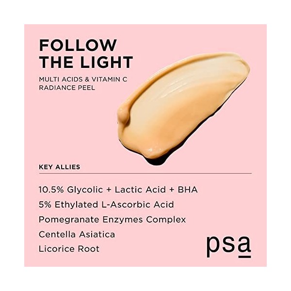 PSA FOLLOW THE LIGHT Multi-Acids & Vitamin C Radiance Peel: Weekly Rinse-Off Facial Peel with 10% Glycolic & Lactic Acid, 5% 