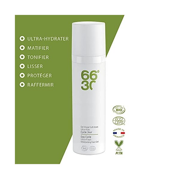 66°30 - Crème Visage Bio - Crème De Jour - Texture Gel, Ultra-Hydratant et Matifiant - Ultra-Frais - 75ml