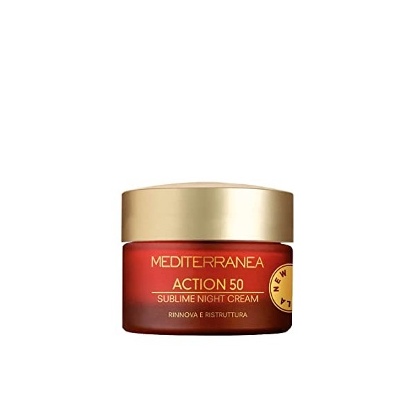 Mediterranea - Crème Visage de Nuit Hydratante Action 50 - Crème Anti-Rides aux Extraits de Gattilier Régénératrice et Éclair