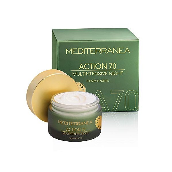 Mediterranea - Crème Visage de Nuit Hydratante Action 70 - Crème Anti-Rides qui Reconstitue et Raffermit la Peau - 50 ml