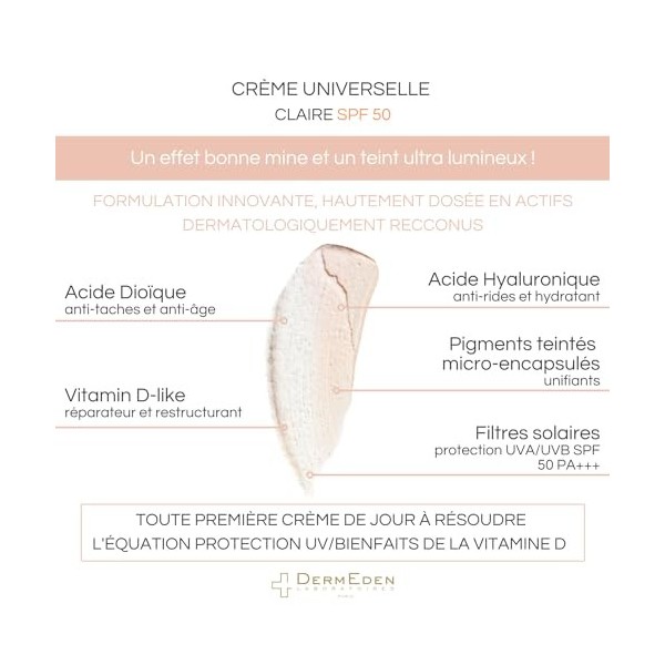 DermEden - Crème de jour effet « Bonne Mine » 50 ml - SPF 50, teinte claire, sans parfum - Protection intégrale contre les mé