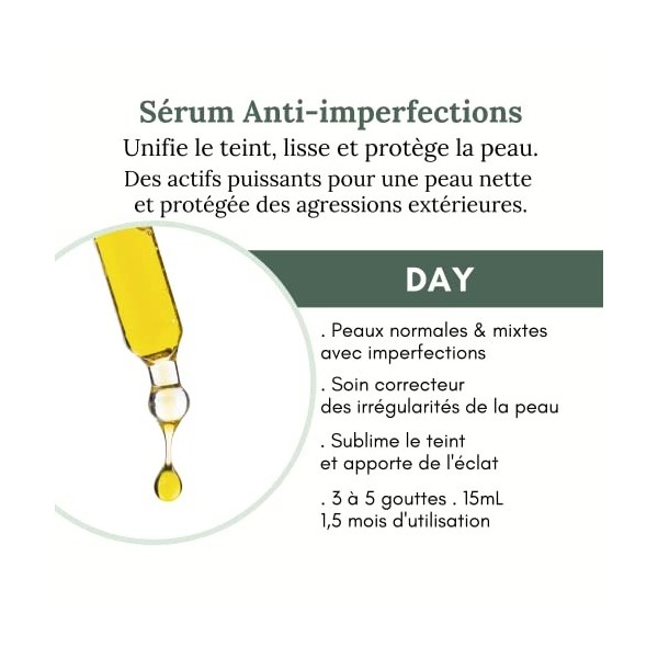 LES HUILETTES - Sérum Anti Imperfections DAY - Lutte contre les Imperfections - Vertus Purifiantes et Protectrices - Action c