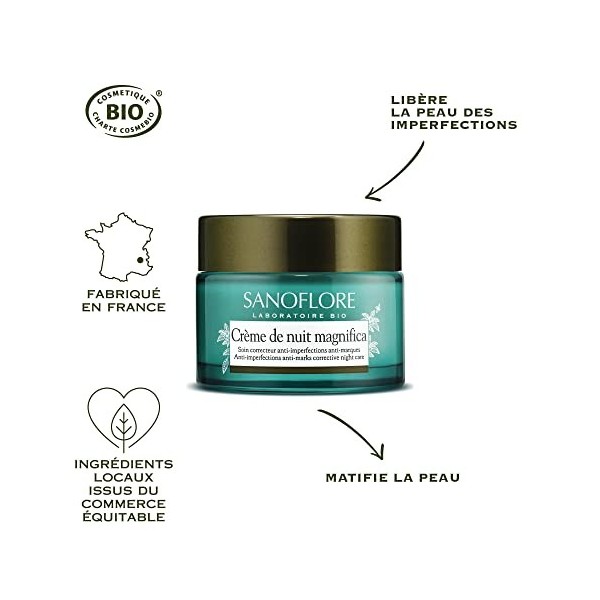 Sanoflore Crème de Nuit Magnifica - Crème de Nuit Matifiante Anti-Imperfections Certifiée Bio - À la Menthe Poivrée du Vercor