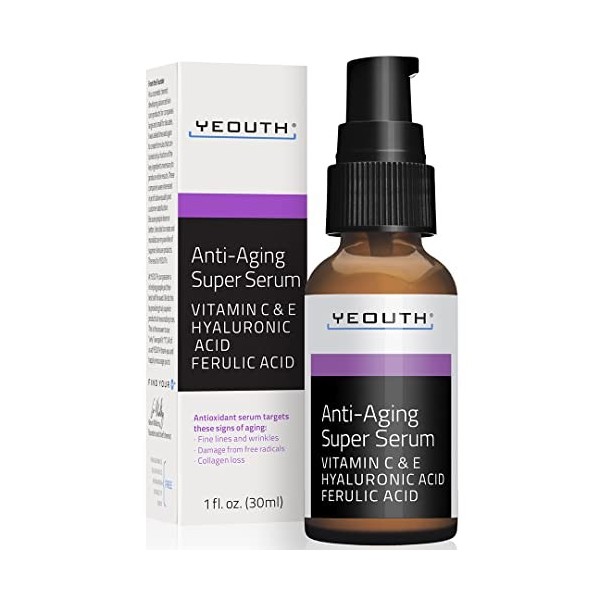 YEOUTH Anti-âge Super Serum Visage Avec Vitamine C et E et Acide Hyaluronique, Cible Taches et Les Rides, Soin Du Visage Pour