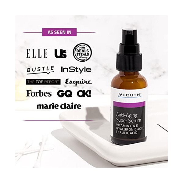 YEOUTH Anti-âge Super Serum Visage Avec Vitamine C et E et Acide Hyaluronique, Cible Taches et Les Rides, Soin Du Visage Pour