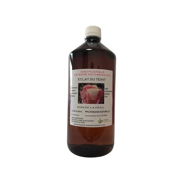 Eau florale de rose de Damas BIO flacon de 1 litre.