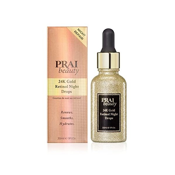 PRAI Beauty Gold 24 K Gouttes de nuit au rétinol – Protection antioxydante pour le visage, sérum hydratant pour le visage – A